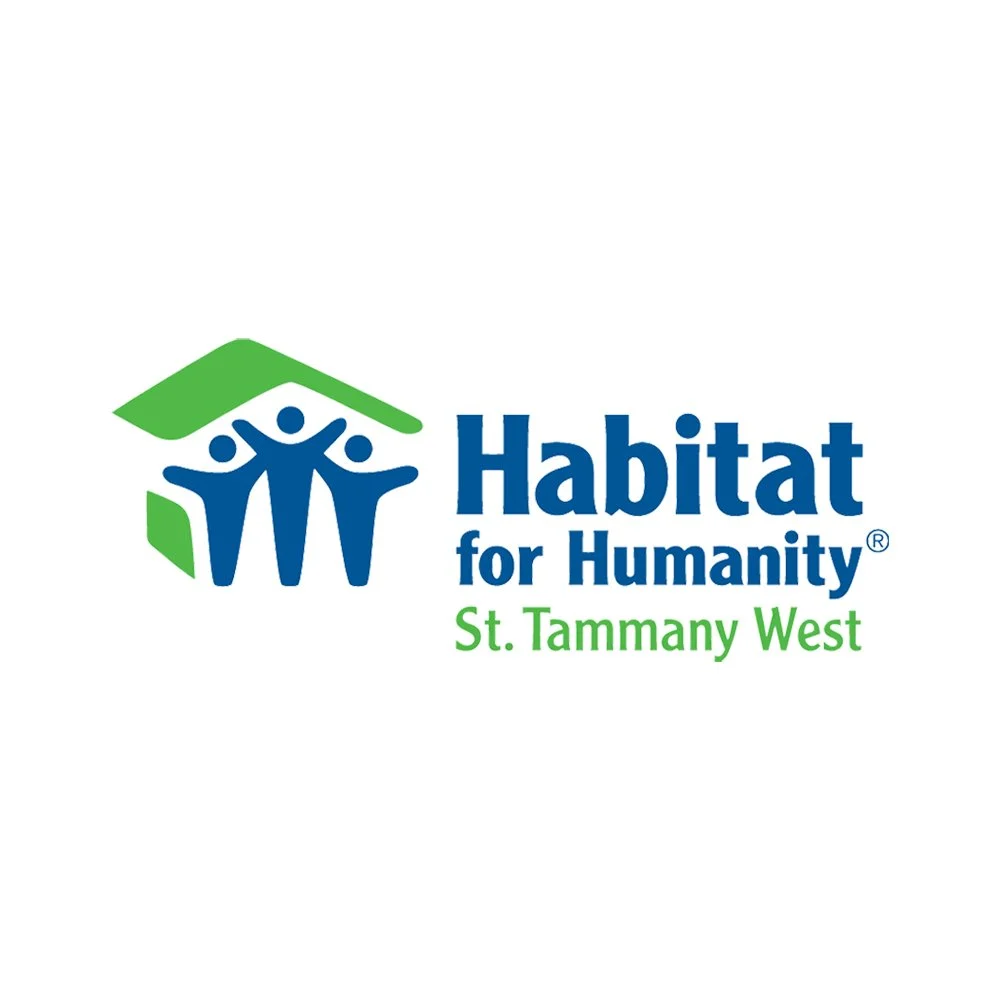 Logo for Habitat for Humanity St. Tammany West featuring stylized blue human figures under a green roof with the organization's name.