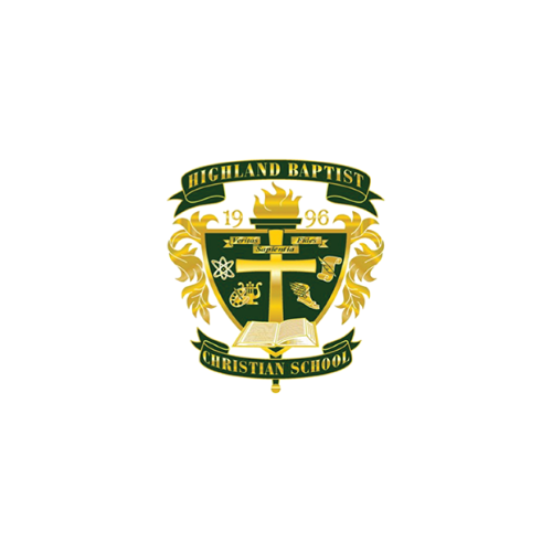 The Highland Baptist Christian School crest featuring a shield with symbols, a book, and a torch, with gold and green accents, and the text 'Highland Baptist Christian School'.