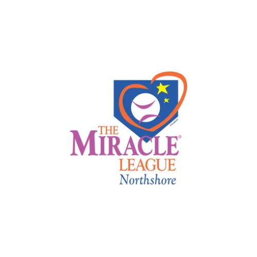 The logo of The Miracle League Northshore, featuring a smiling face inside a shield with a star, heart outline, and the text "The Miracle League Northshore."