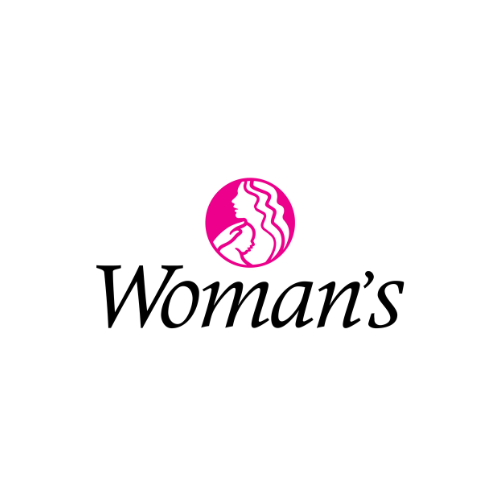 Logo with a pink circle featuring a white illustration of a woman's profile with long, wavy hair, and the word "Woman's" written below in black text.
