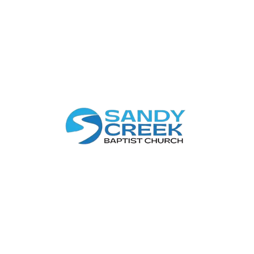 Logo of Sandy Creek Baptist Church with a stylized blue creek flowing above the church name.