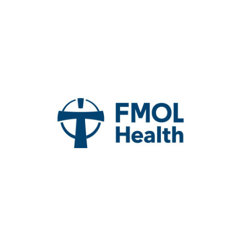 Logo of the Franciscan Missionaries of Our Lady Health System, featuring a blue cross with a circle and horizontal line.