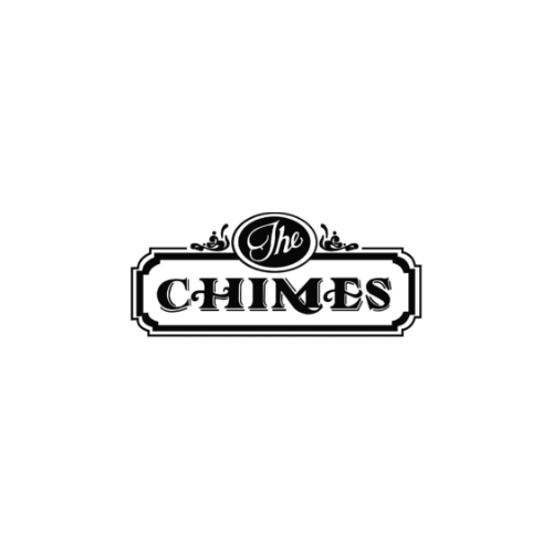 Logo for The Chimes with decorative elements and text in black and white.