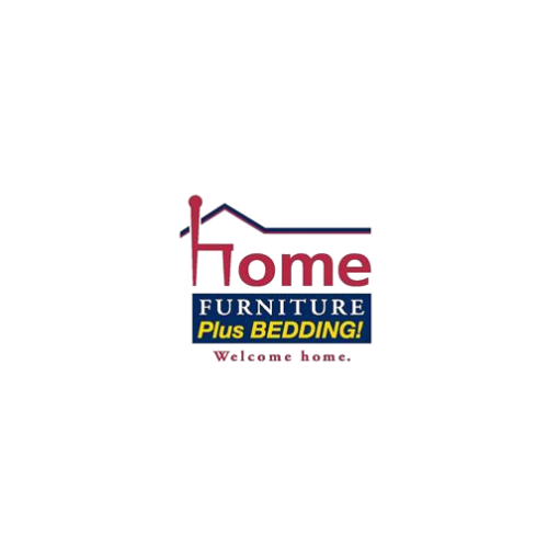Logo for Home Furniture Plus Bedding with a house roof design, the word "Home" with a stylized "H" that looks like a house, and text "FURNITURE Plus BEDDING!" with a welcome message.
