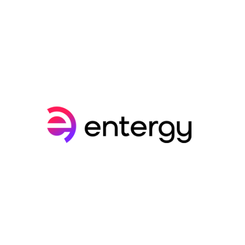 Entergy logo with a red circle featuring horizontal lines and the company name in black italicized font.