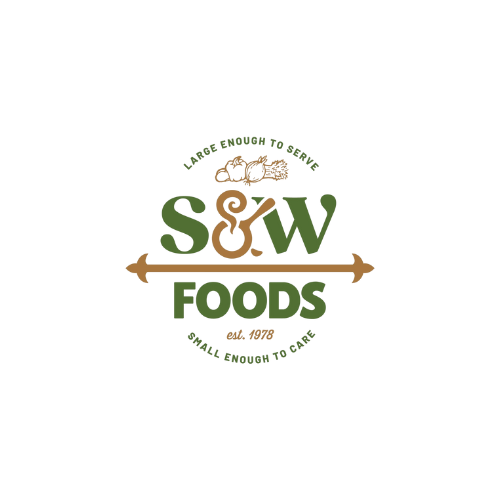 Logo for S&W Foods with a turkey, chicken, and vegetables, and the text 'Large enough to serve, small enough to care, est. 1978'.