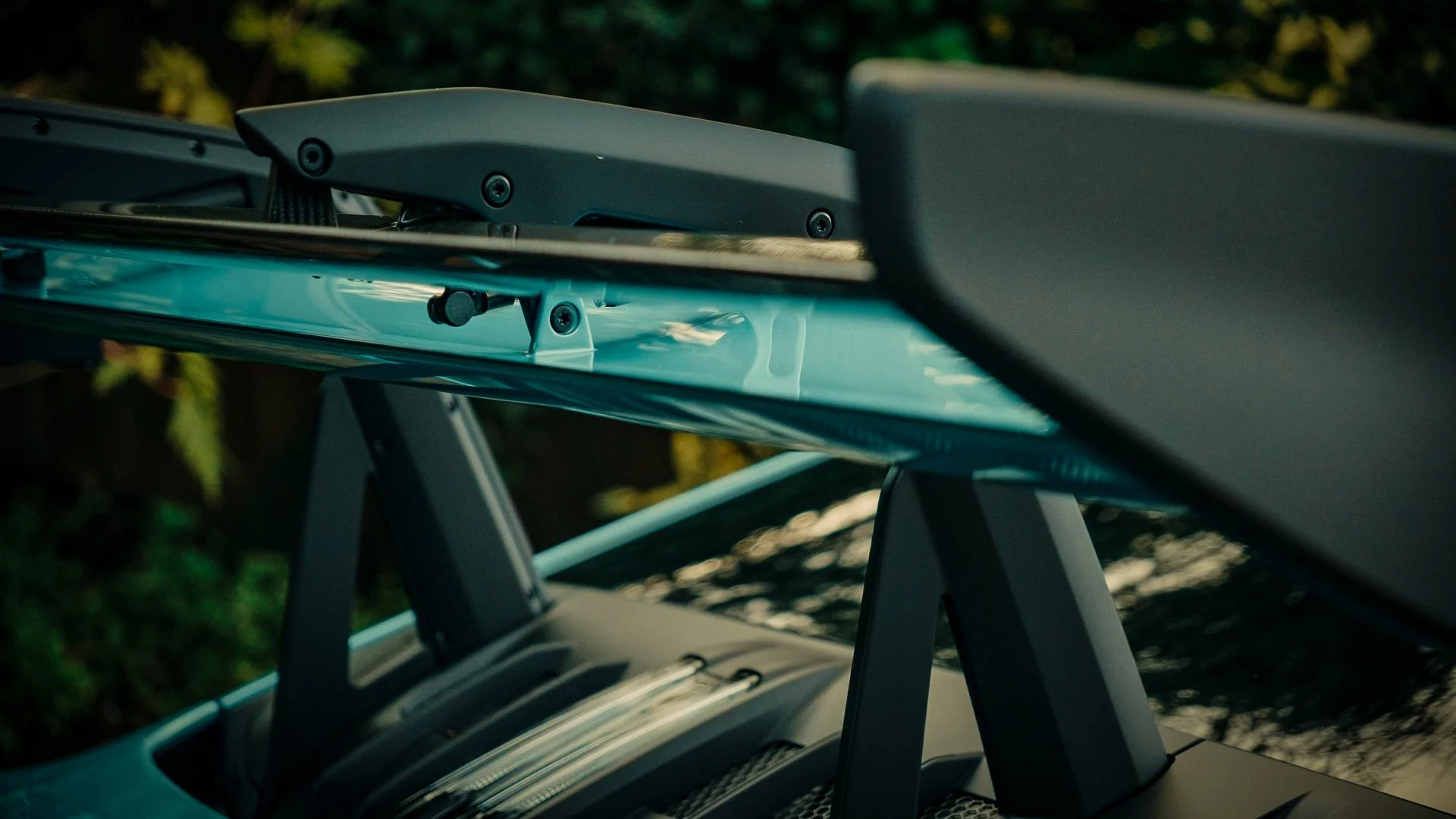 Close-up of a drone mounted on a stand or shooting platform outdoors.