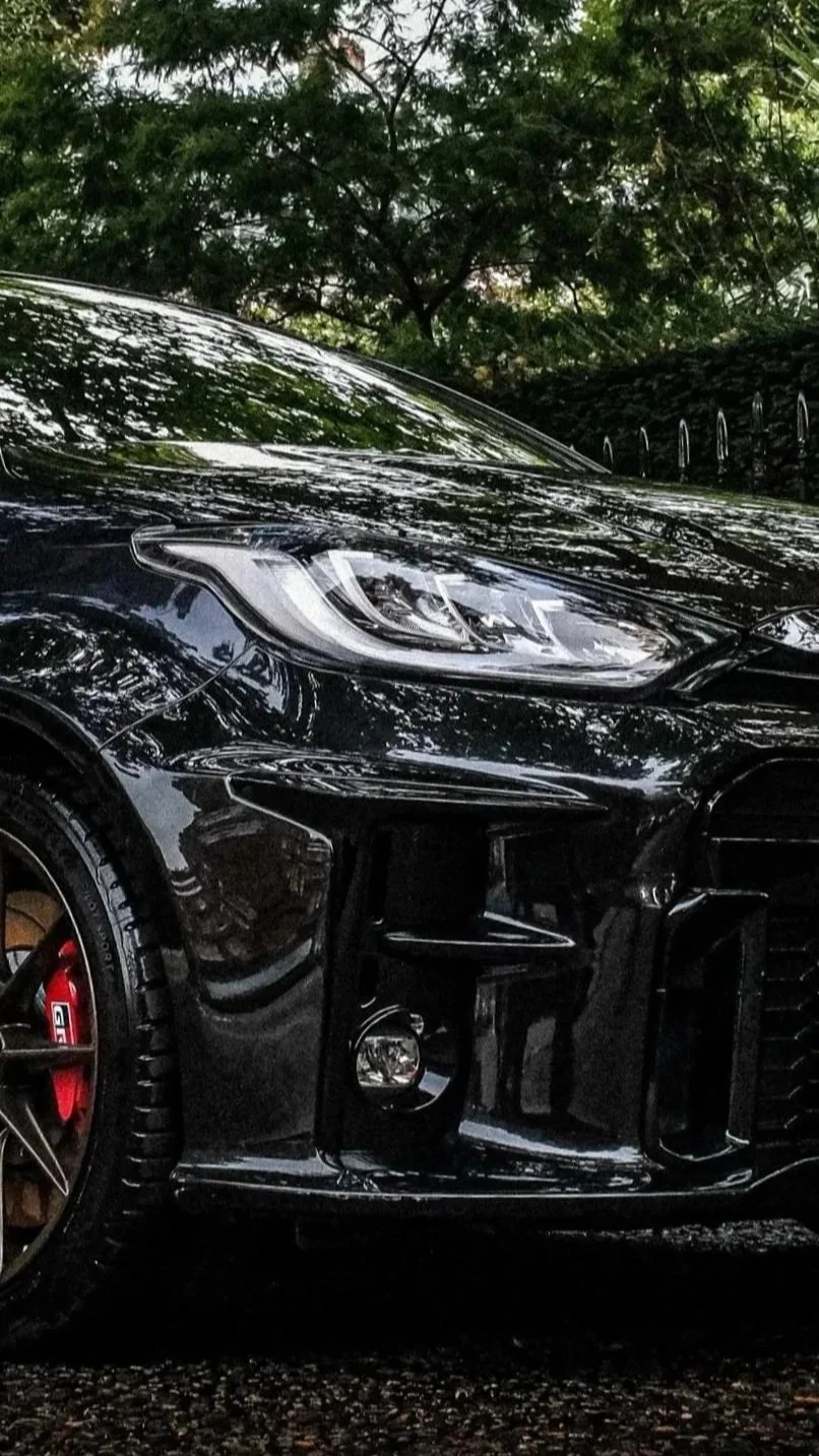 Close-up of the front part of a black sports car with a sleek design, showing the headlight, front wheel with red break calipers, and a background of trees and a fence.