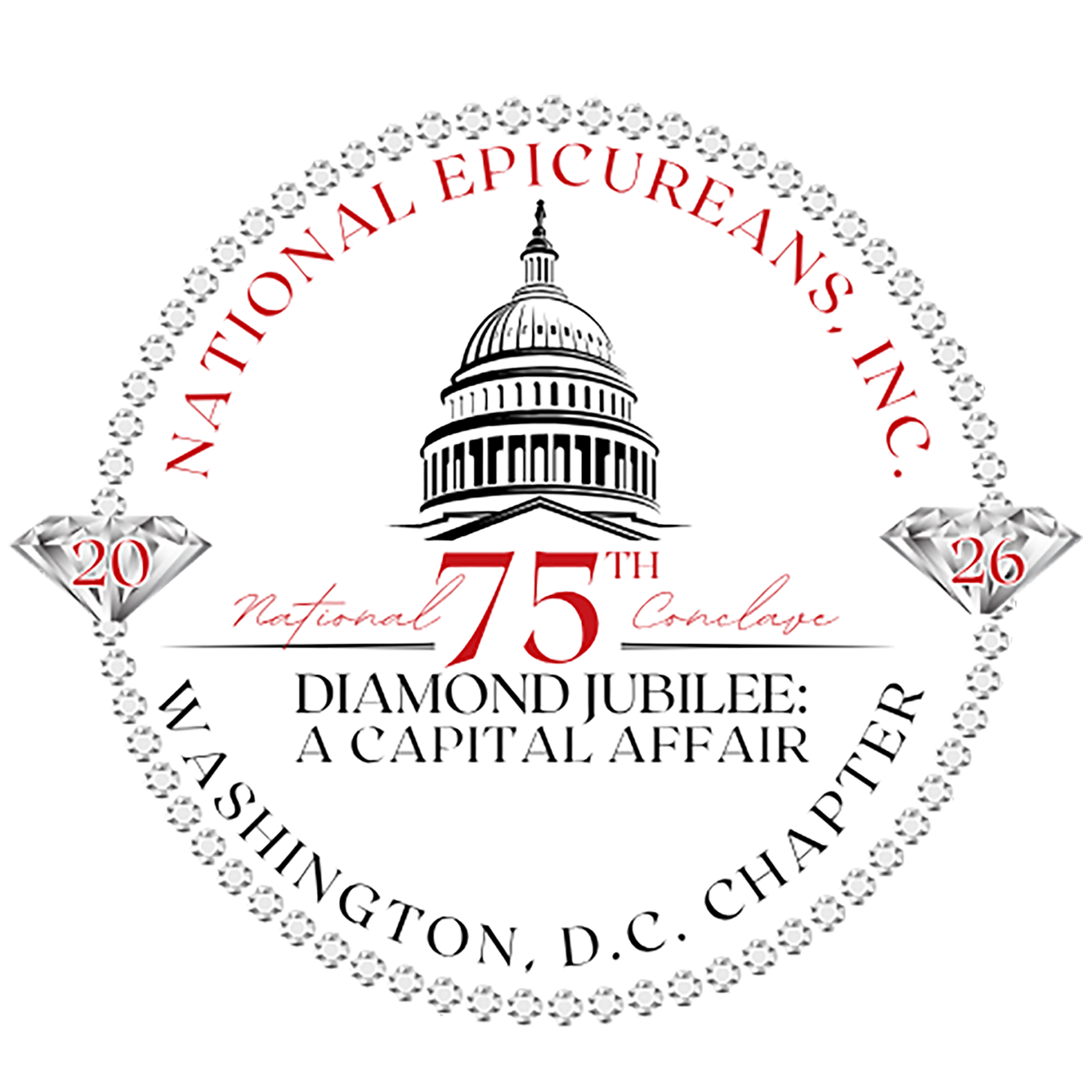 Design celebrating the 75th National Capital Anniversary of the Chesapeake and Ohio Canal, featuring a dome illustration, diamonds with the years 2026, and text indicating Washington, D.C., with decorative floral border.