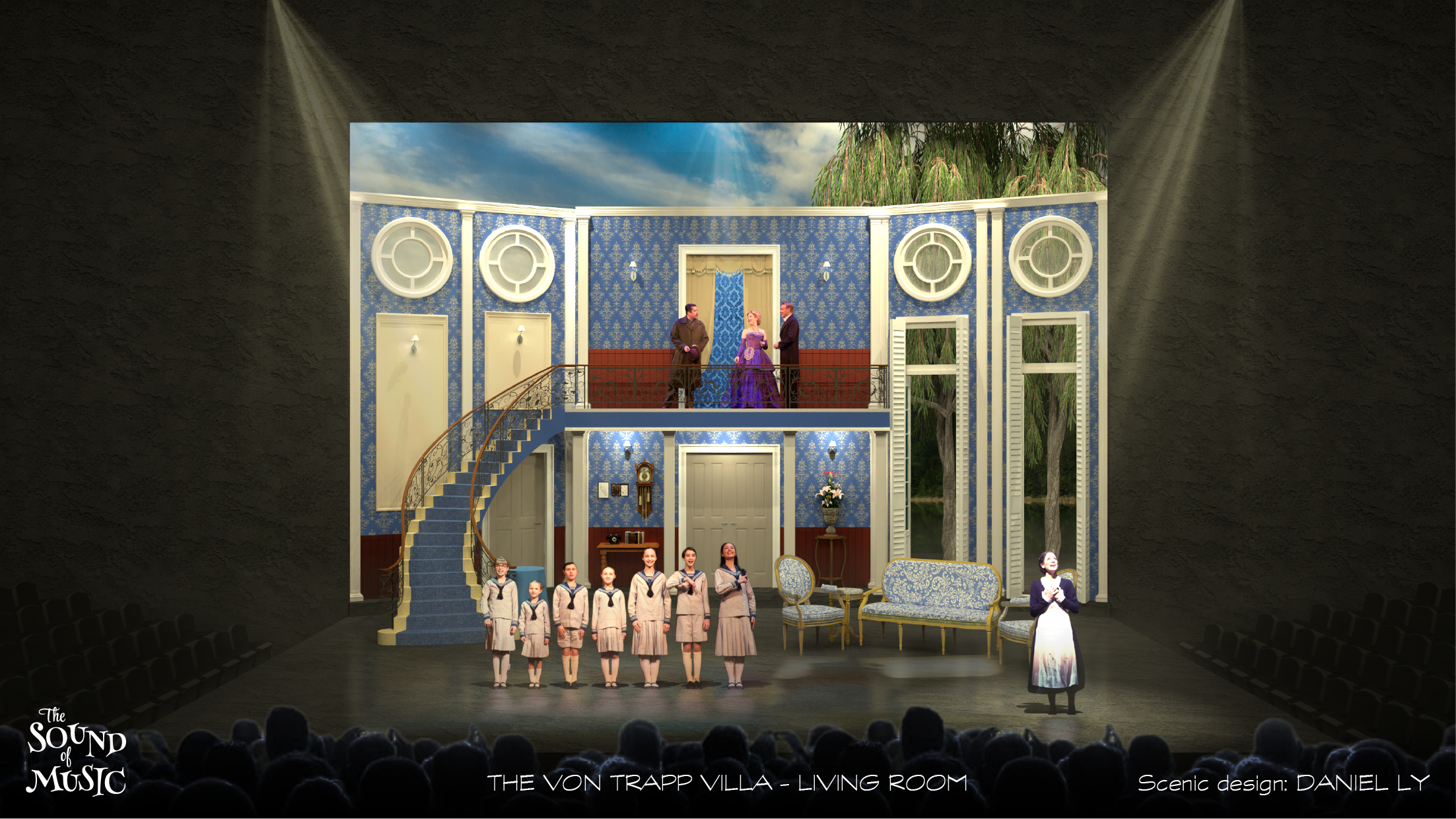The scene is a theatrical stage representing the living room of the Von Trapp Villa, styled with blue and white walls, ornate furniture, and large windows with shutters. Stage props include a staircase, children in vintage clothing, and adults in per