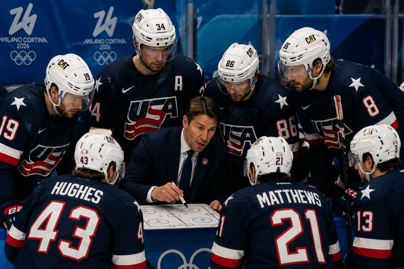Hockey coach and Team USA players discussing strategy during a game, representing teamwork and accountability