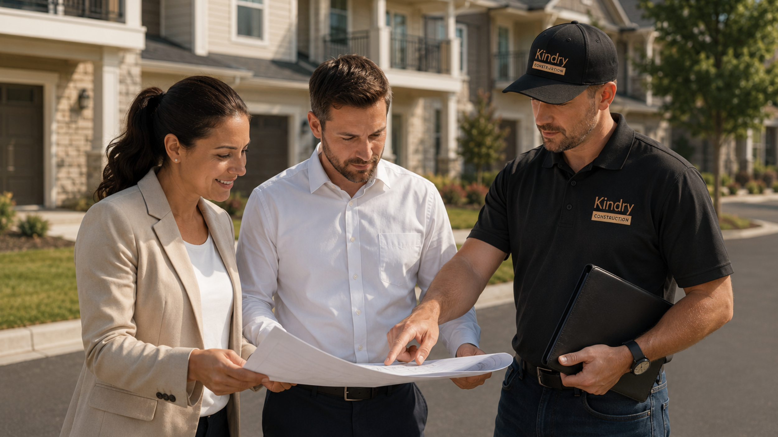 HOA contractor and community managers reviewing preventative maintenance plans in a residential community