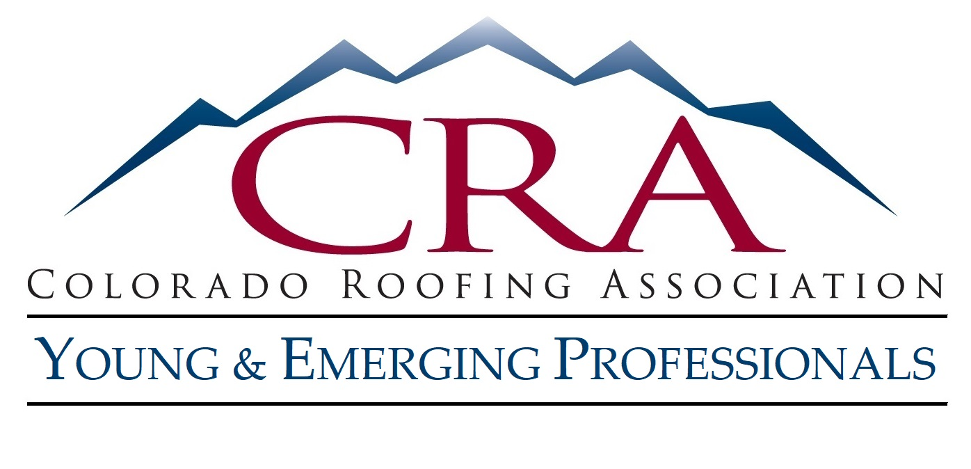 Logo of the Colorado Roofing Association featuring mountain peaks and text 'CRA Colorado Roofing Association Young & Emerging Professionals'.