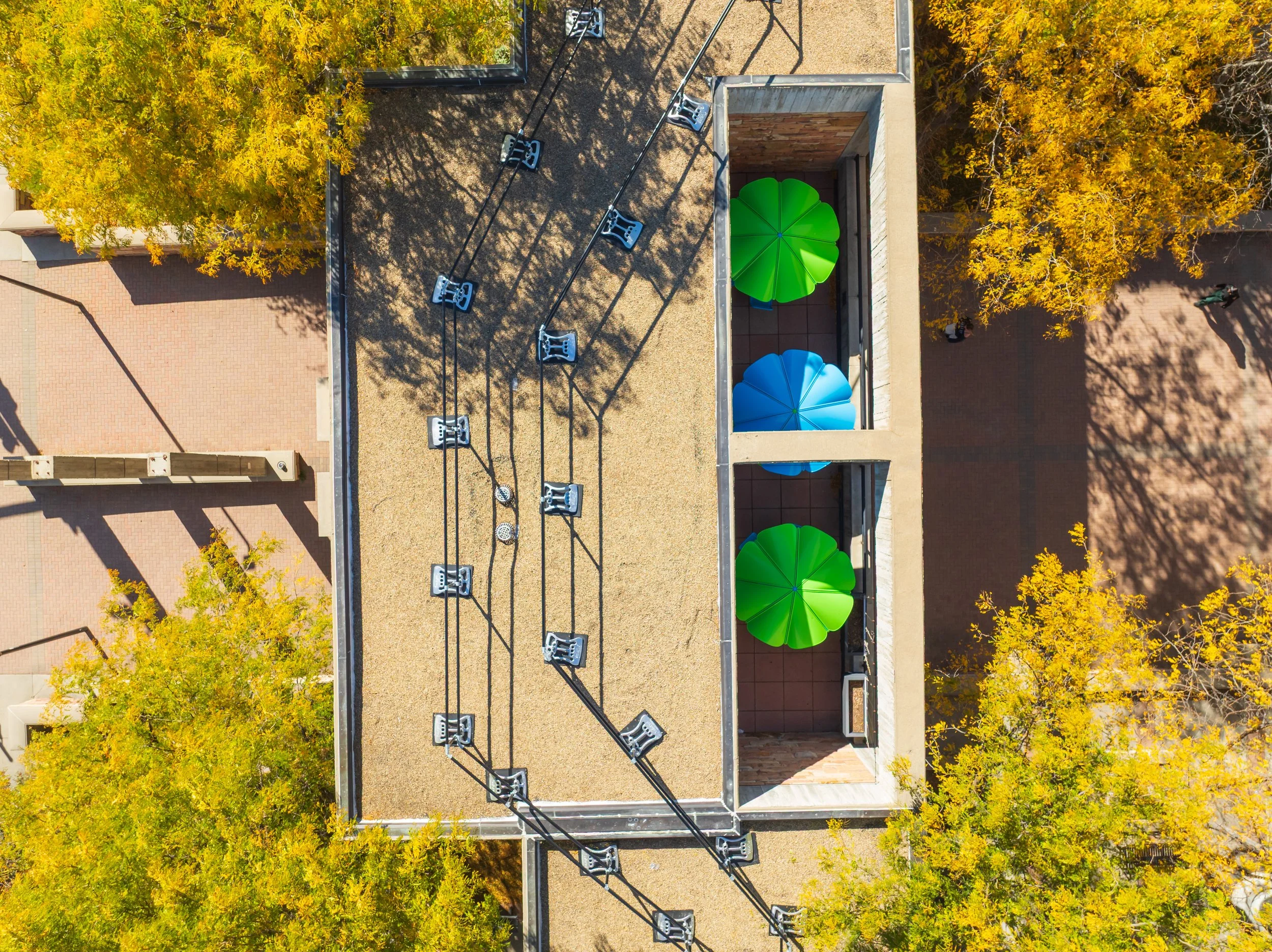 An aerial view of a rooftop deck with two green and one blue and one divided umbrellas, surrounded by trees with yellow and green leaves, and adjacent brick walkways.