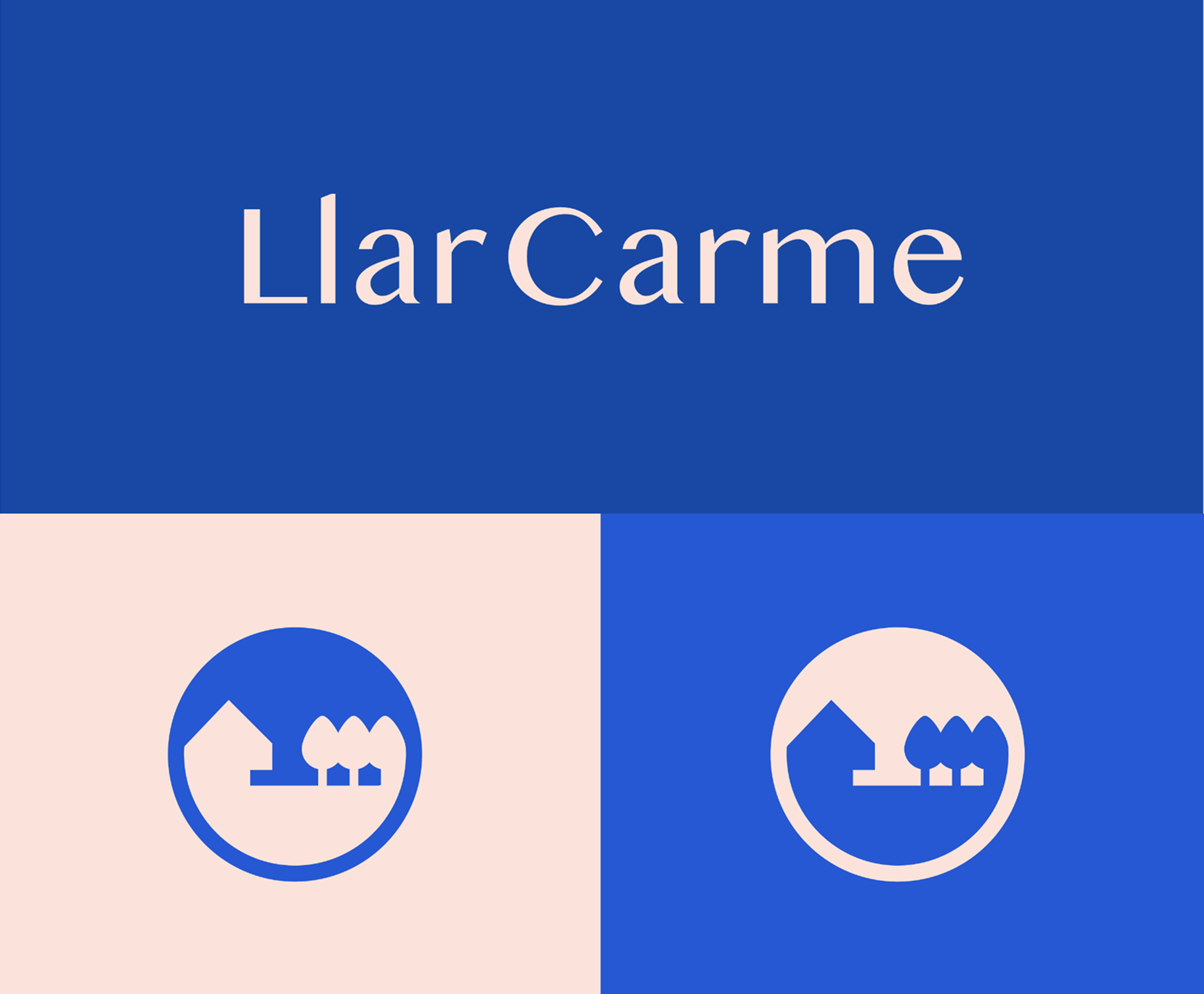 Logotipo de Lla Carme con icono de casa y árboles en círculos, fondo en tonos azul y rosa_Llar carme_premia de mar_diseño identidad de estudio berlin