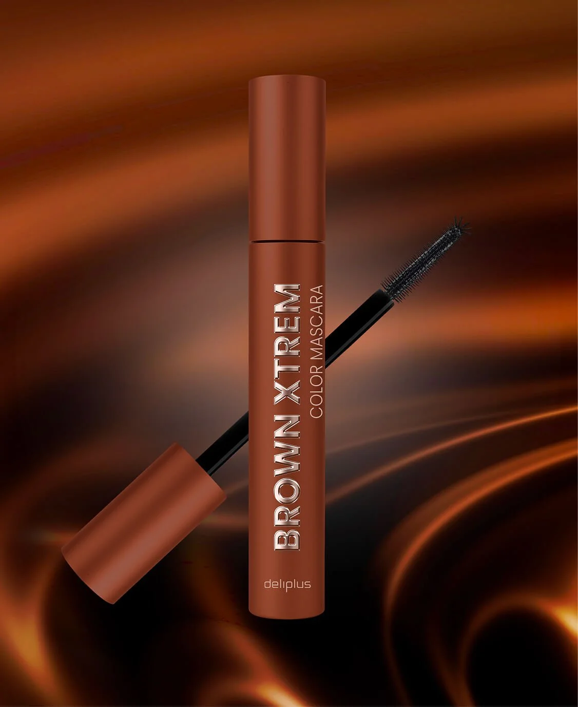 Máscara de pestañas de color marrón con cepillo en un fondo de tonos similares_Mascaras deliplus_mercadona_Packaging de cosmetica de estudio berlin