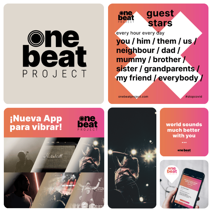 Colección de cinco imágenes en movimento relacionadas con el proyecto 'one beat'._ONE BEAT PROJECT_campaña identidad grafica de estudio berlin