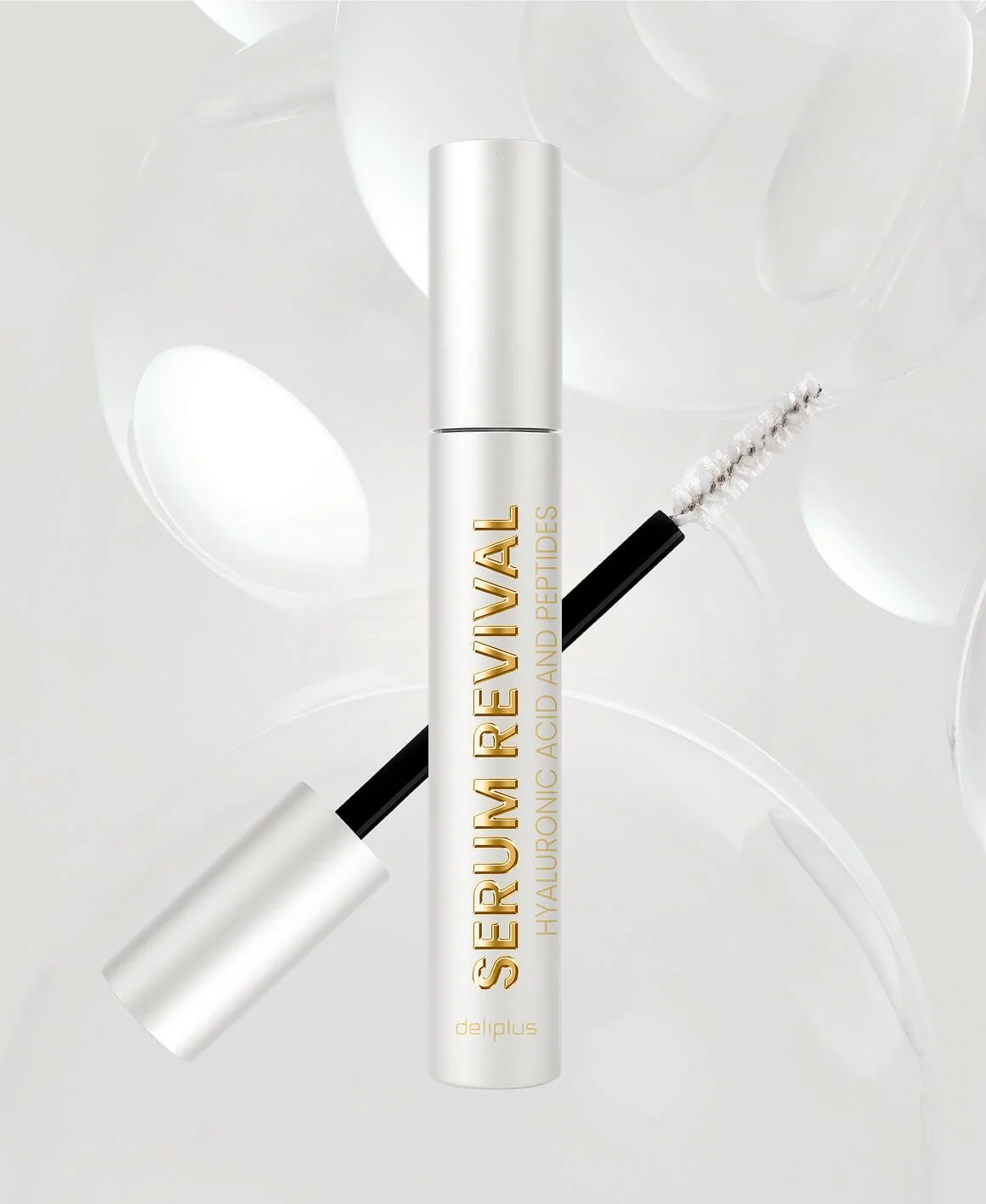 Tubo de serum con aplicador de brocha, con texto que dice "SERUM REVIVAL, HYALURONIC ACID AND PEPTIDES", de la marca deliplus, en un fondo blanco con burbujas de jabón_Mascaras deliplus_mercadona_Packaging de cosmetica de estudio berlin
