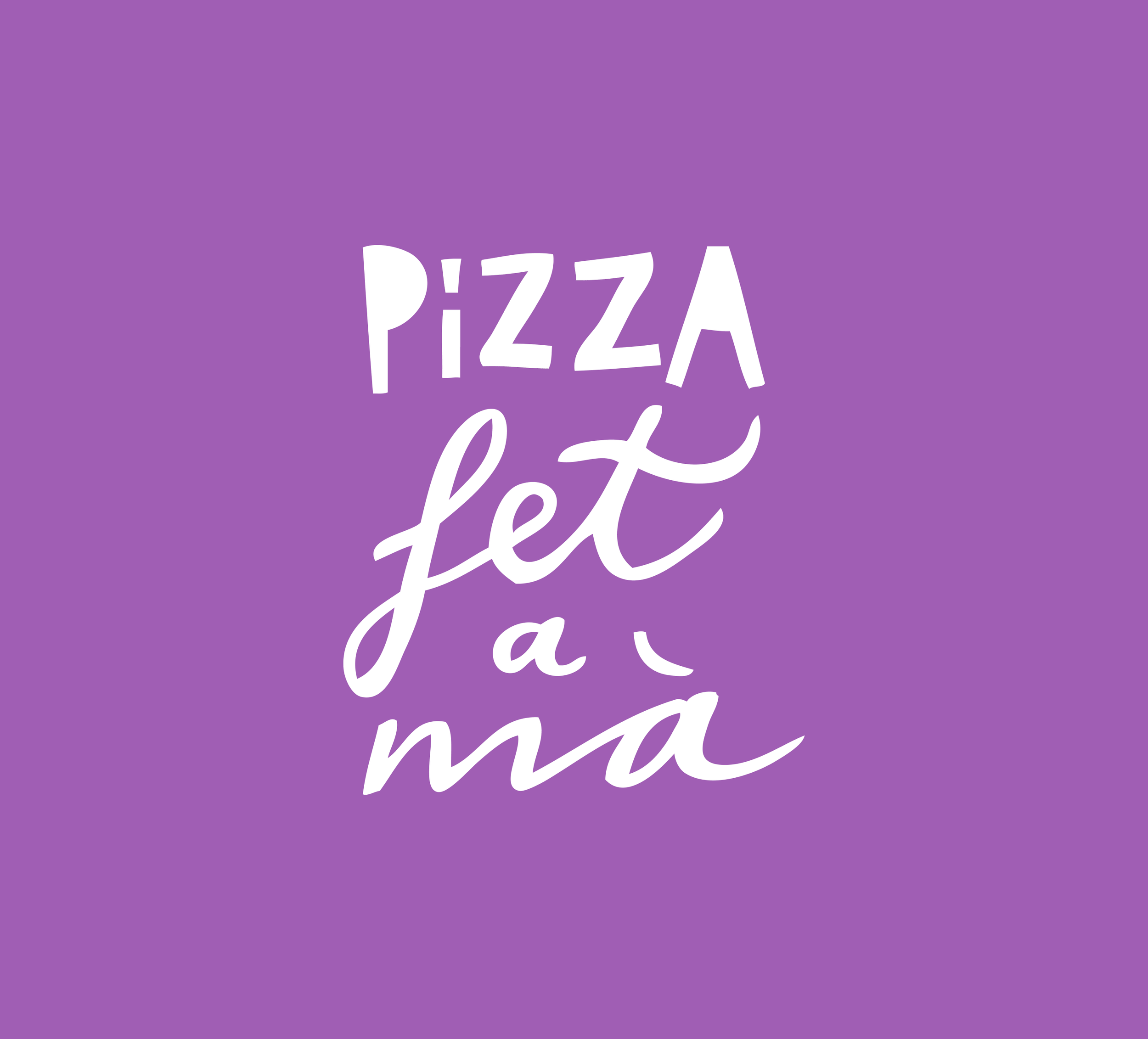 Texto en una imagen con fondo morado que dice 'Pizza fet a mà' en letras blancas, combinando tipografías diferentes_fet a ma_identidad grafica de estudio berlin