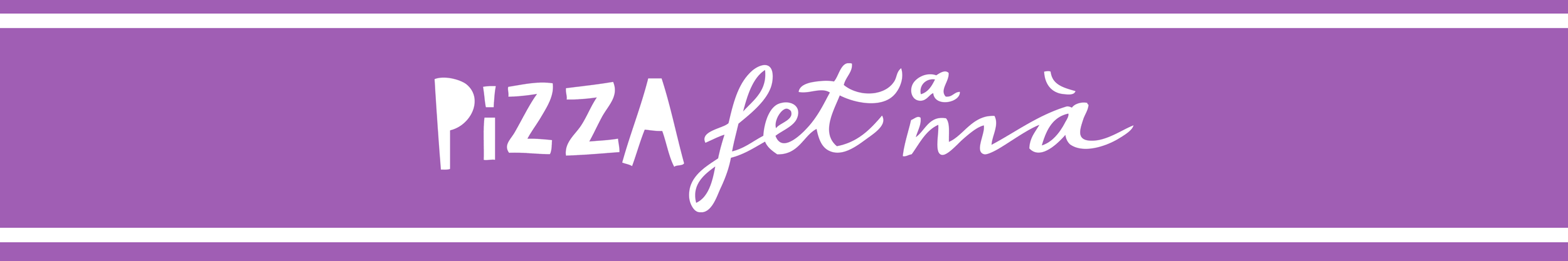 Cartel morado con letras blancas y violetas que dice 'Pizza fet má'_fet a ma_identidad grafica de estudio berlin