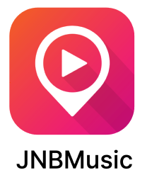 Logotipo de JNB Music con icono de reproductor de video en forma de marcador de ubicación en fondo rosa y naranja_ONE BEAT PROJECT_campaña identidad grafica de estudio berlin