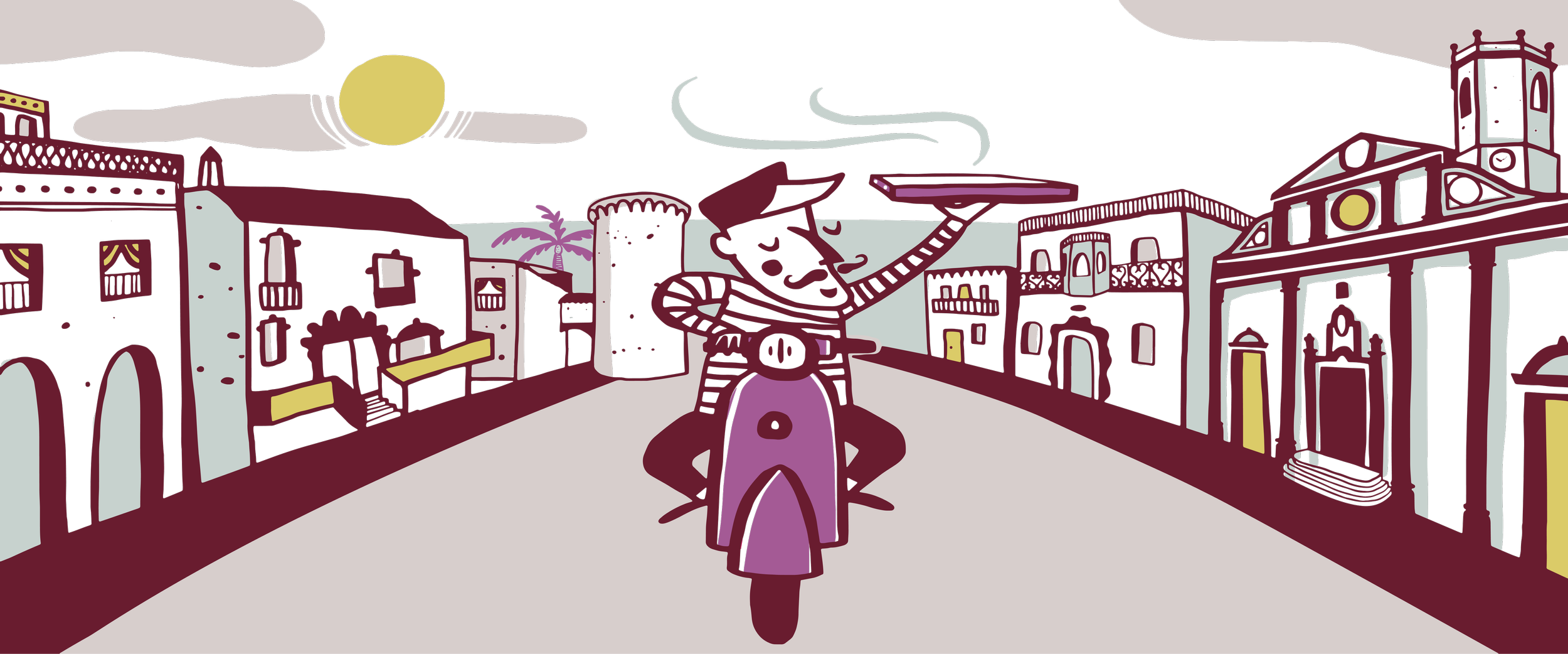 Ilustración de una ciudad en la noche con un personaje en el centro, con edificios y una luna en el cielo_fet a ma_identidad grafica de estudio berlin