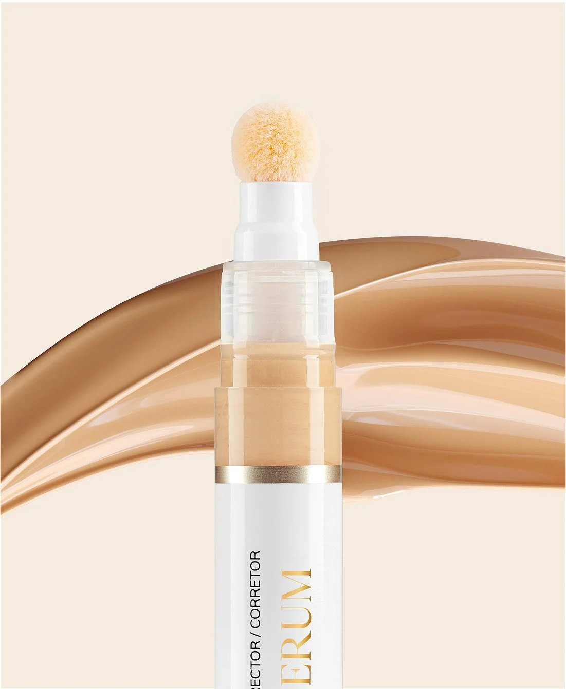 Corrector de maquillaje en botella blanca con aplicador de esponja y fondo de crema de tono beige_línia bàsica de Deliplus_mercadona_diseño de packaging de cosmètica de estudio berlin