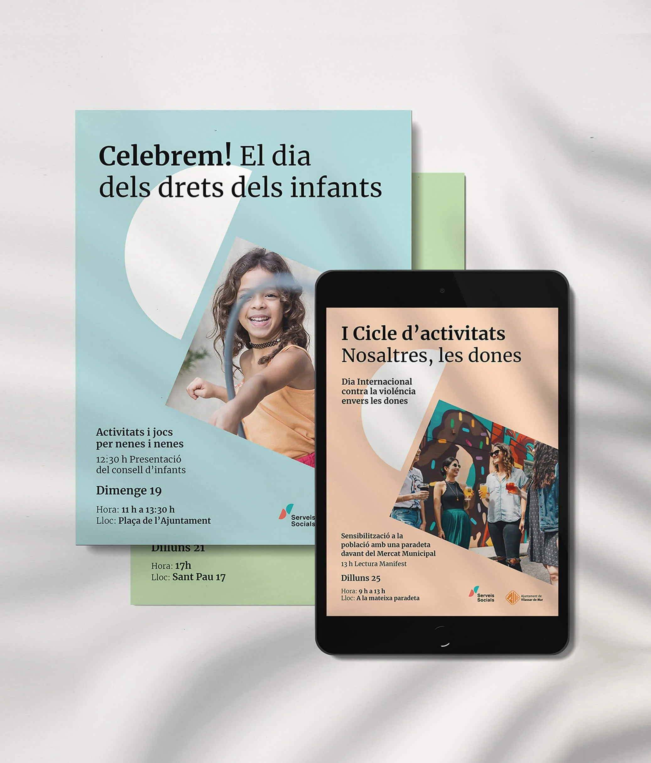Carteles y tablet con información sobre el Día Internacional contra la violencia hacia las mujeres, con actividades y fechas en catalán y español_serveis socials_vilasar de mar_diseño identidad de estudio berlin