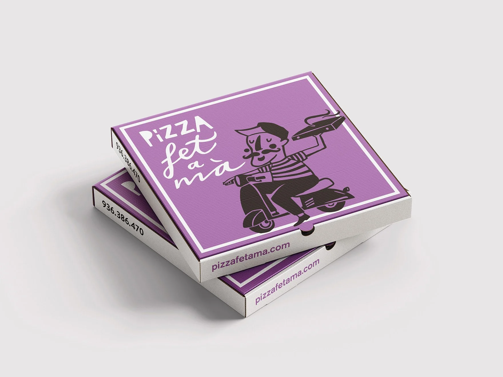 Dos cajas de pizza con logotipo de pizza para llevar, ilustración de un gato en patineta con una pizza, color púrpura y blanco_fet a ma_ identidad grafica de estudio berlin