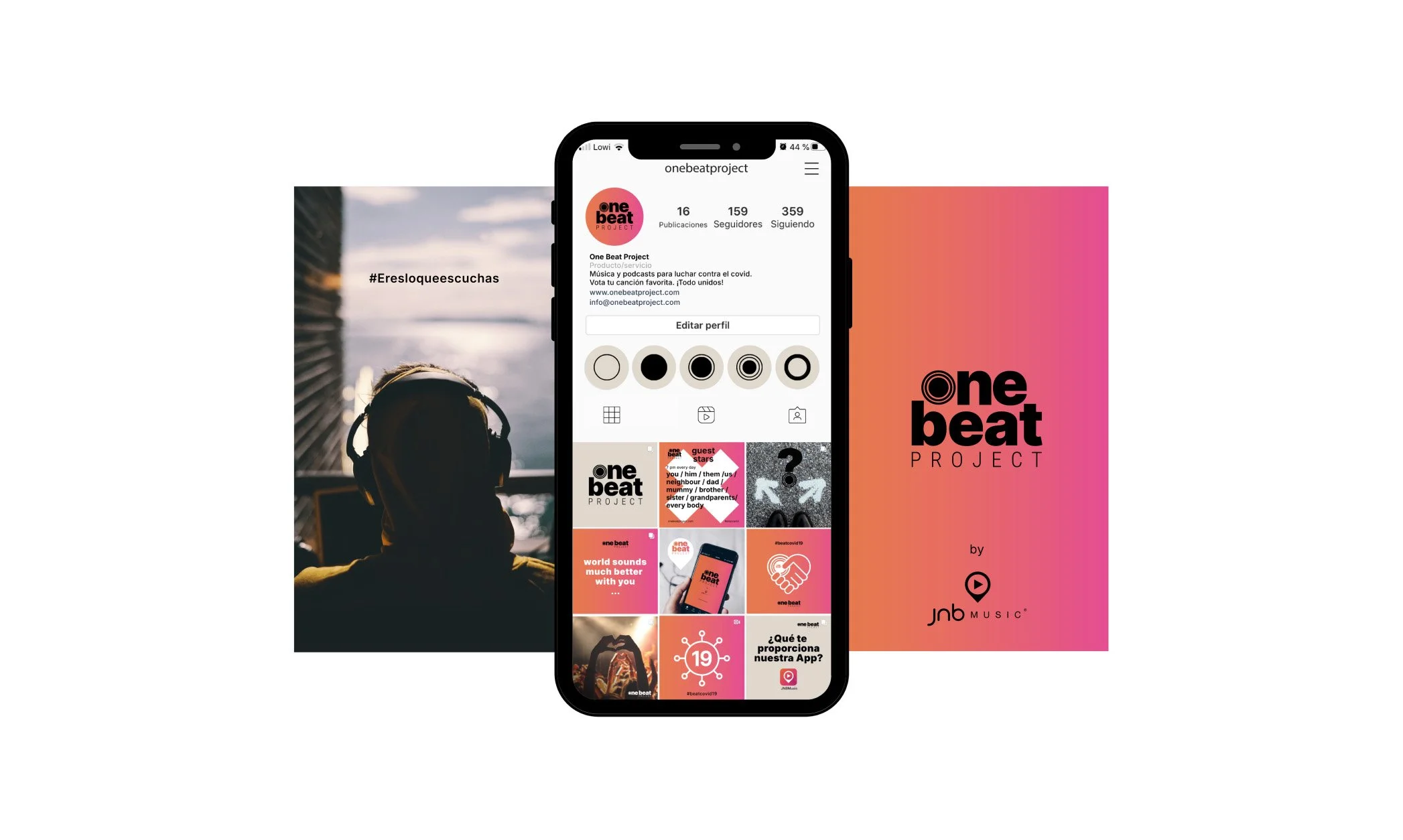 Imagen de un teléfono móvil con perfil de una cuenta de Instagram llamada 'onebeatproject',_ONE BEAT PROJECT_campaña identidad grafica de estudio berlin