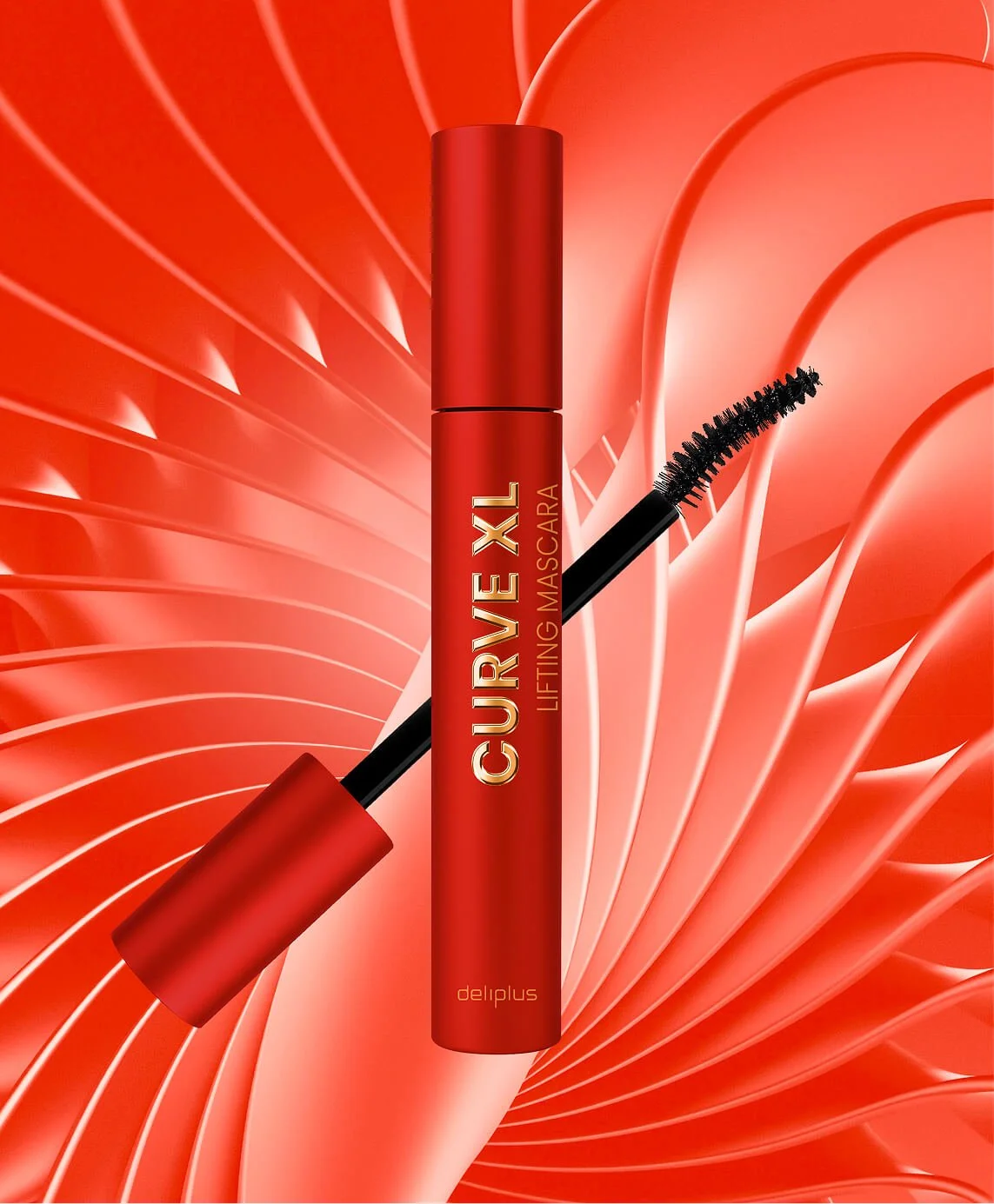 Un rímel de color rojo con el nombre 'CURL EXTELIFTING MASCARA' en el envase y el logo de la marca 'delplus', sobre un fondo de patrones abstractos en tonos rojos y rosas_Mascaras deliplus_mercadona_Packaging de cosmetica de estudio berlin