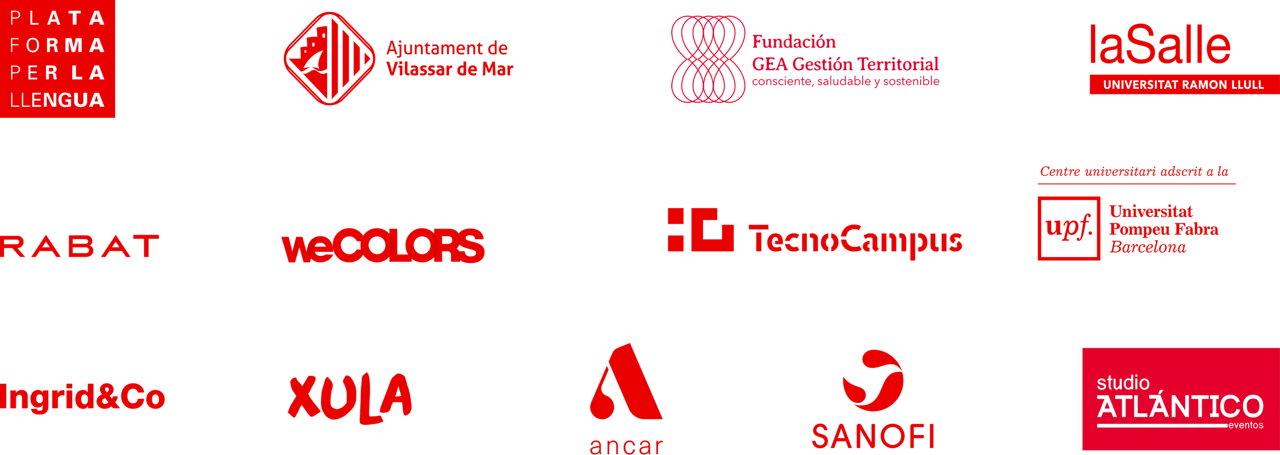 Colección de logotipos de varias instituciones y empresas, incluyendo Ayuntamiento de Vilassar de Mar, Fundación GEA Gestión Territorial, la Salle Universitat Ramon Llull, Rabat, WeColors, TecnoCampus, Universidad Pompeu Fabra, Ingrid&Co, XULA, ancar