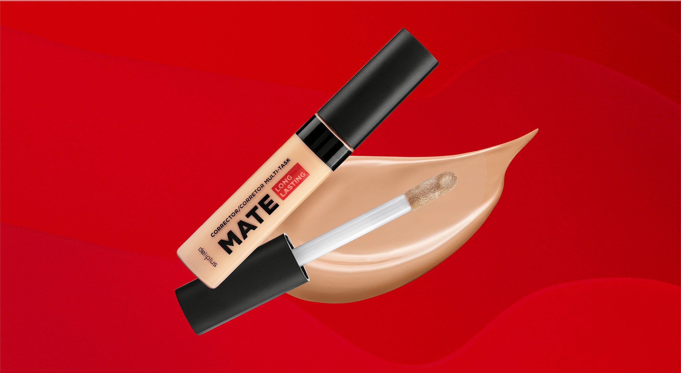 Líquido de base de maquillaje y aplicador con esponja sobre fondo rojo_línia bàsica de Deliplus_mercadona_diseño de packaging de cosmètica de estudio berlin