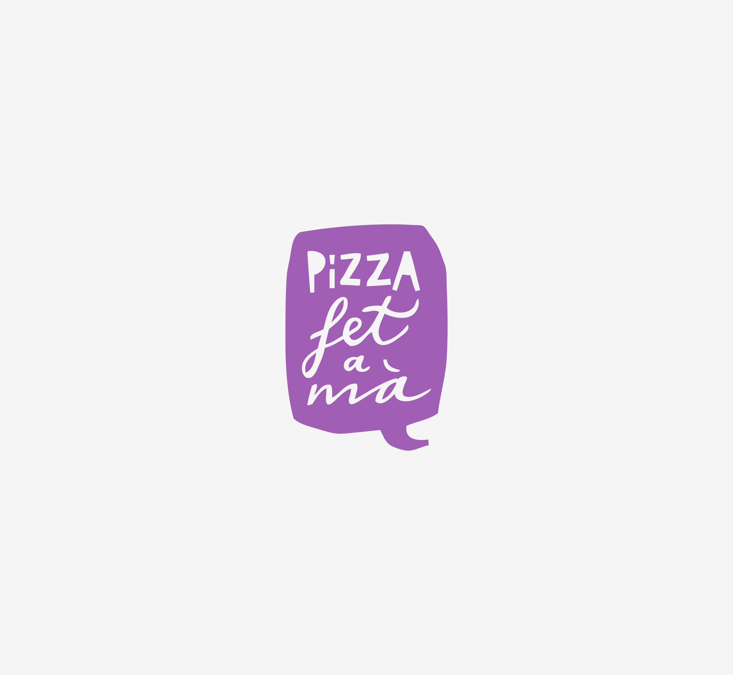 Logotipo de Pizza Fel a Mía en color morado con letras blancas, en forma de globo de diálogo de comic_fet a ma_identidad grafica de estudio berlin