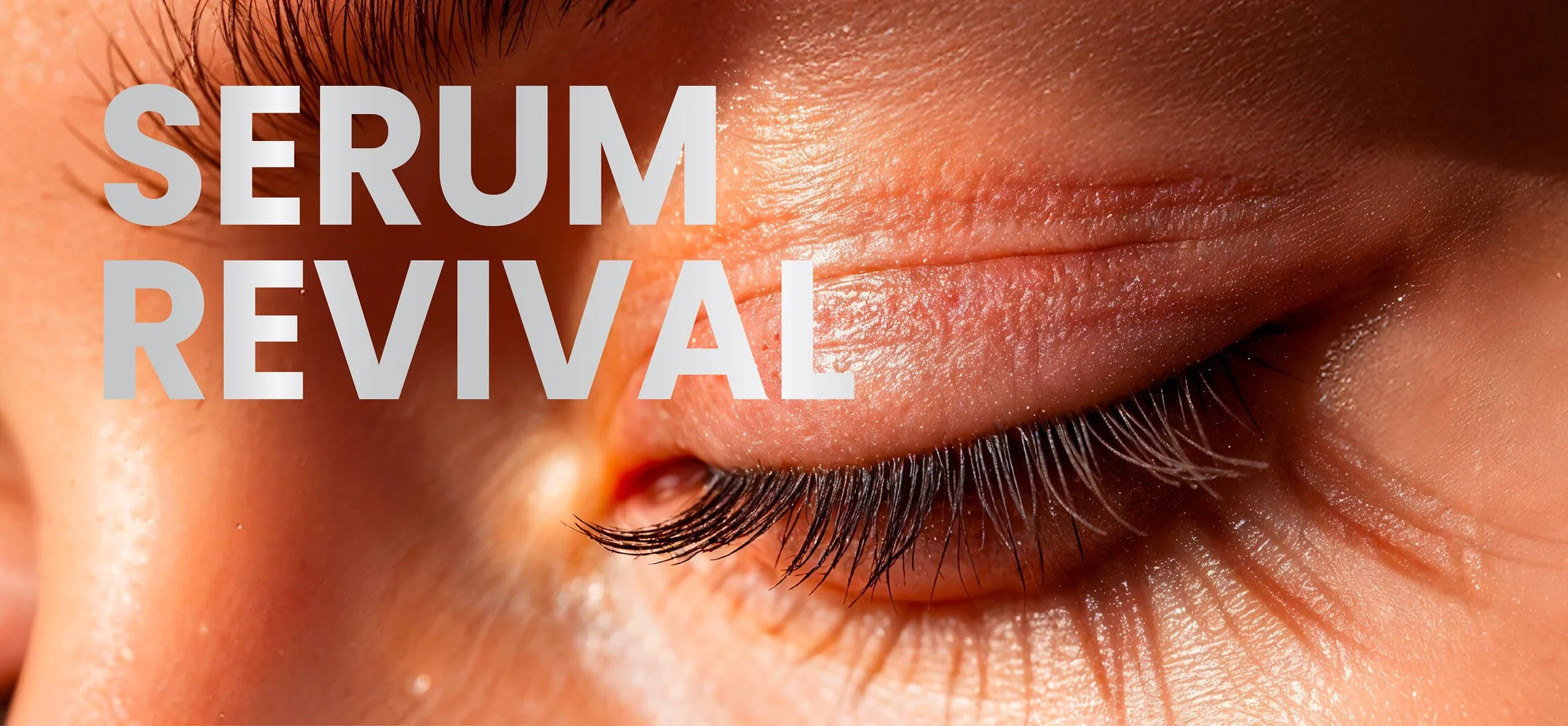 Cierre de un ojo humano con pestañas largas y piel suave, texto en letras grandes y grises que dice 'SERUM REVIVAL'_Mascaras deliplus_mercadona_Packaging de cosmetica de estudio berlin