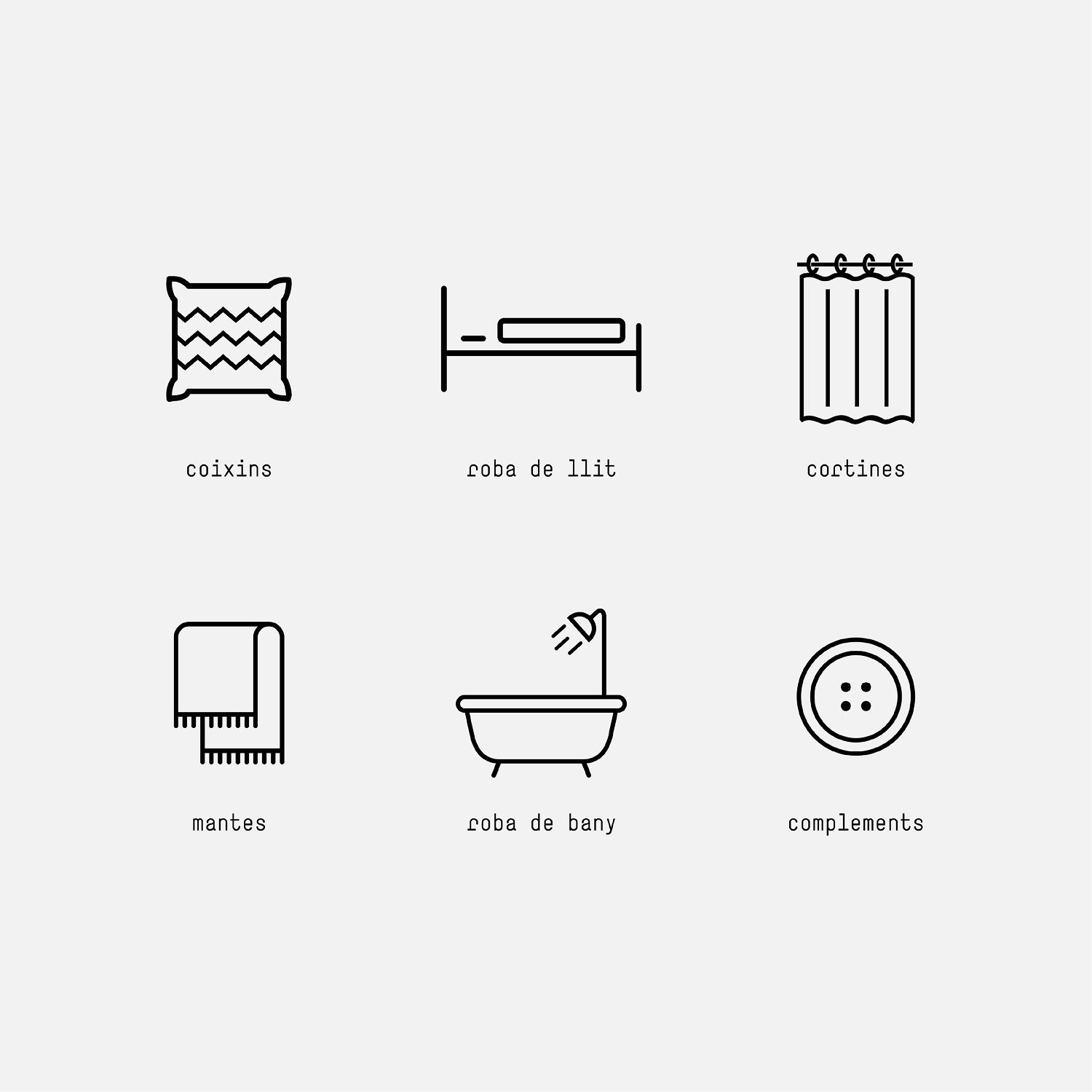 Iconos minimalistas de artículos de cama y baño con etiquetas en español, incluyendo: coixins, fona de l_lit, cortines, mantres, foba de bany y complements_identidad grafica de estudio berlin