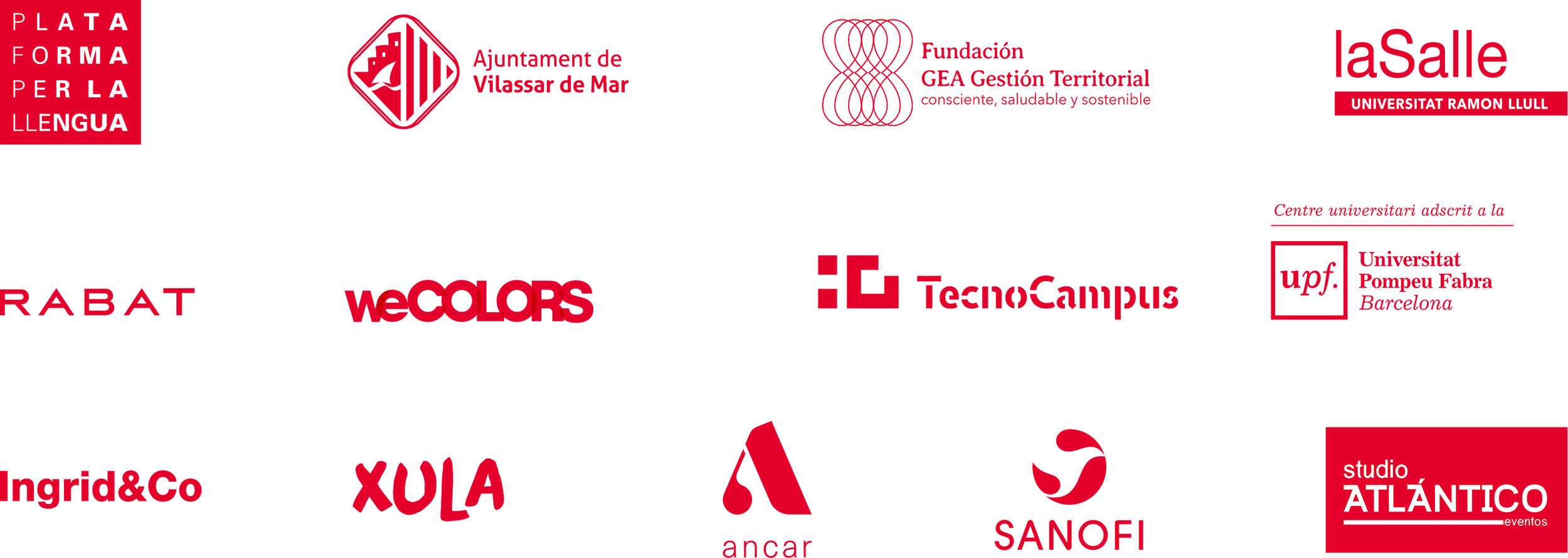 Colección de logotipos de varias instituciones y empresas, incluyendo Ayuntamiento de Vilassar de Mar, Fundación GEA Gestión Territorial, la Salle Universitat Ramon Llull, Rabat, WeColors, TecnoCampus, Universidad Pompeu Fabra, Ingrid&Co, XULA, ancar, Sanofi, studio Atlántico eventos.