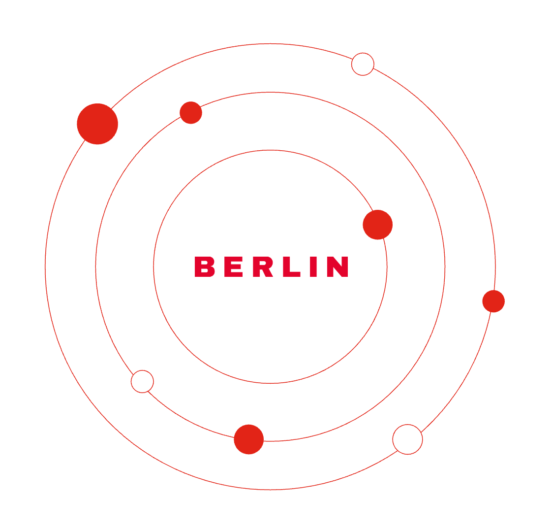 Diagrama con círculos rojos y blancos orbitando alrededor de Logo de Estudio berlin