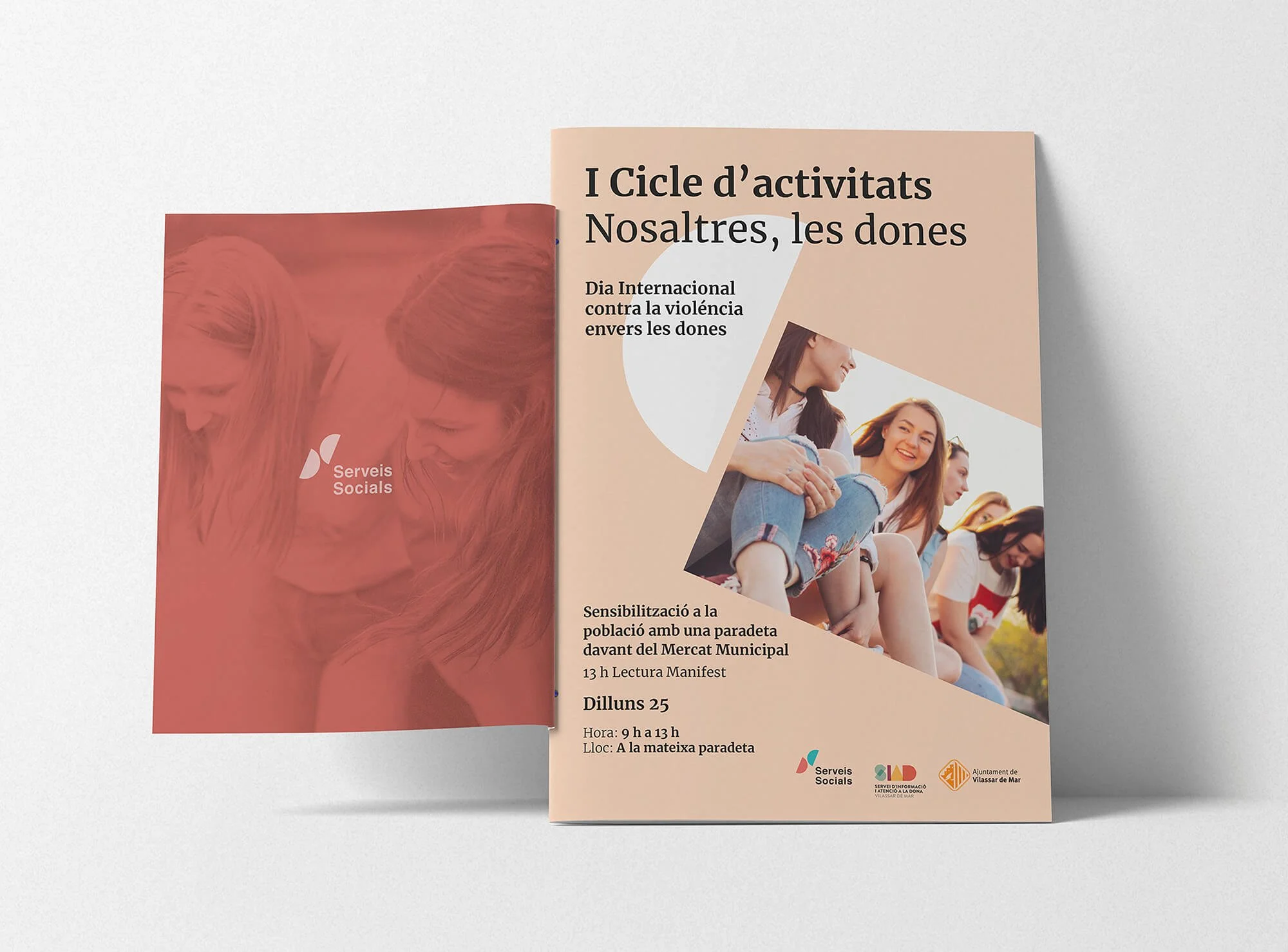 Panfleto promocional en catalán y español que conmemora el Día Internacional contra la violencia hacia las mujeres_serveis socials_vilasar de mar_diseño identidad de estudio berlin