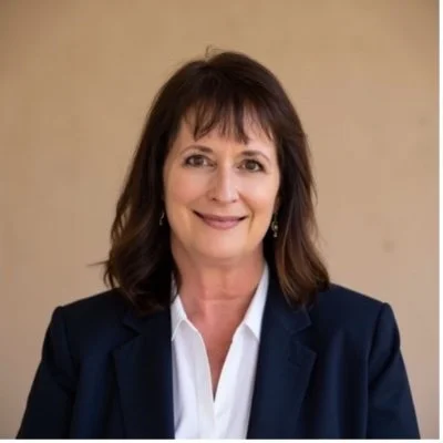 A professional woman with shoulder-length brown hair, wearing a dark blazer and white shirt, smiling at the camera against a beige background.