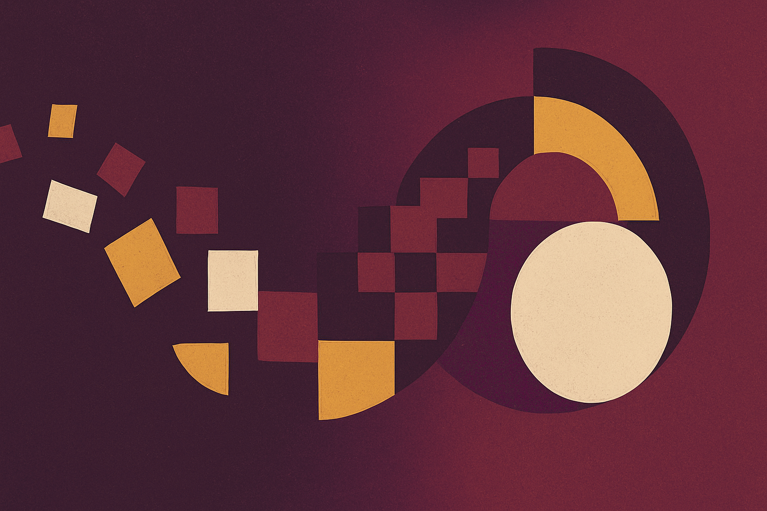Abstract geometric artwork with squares and semi-circles in shades of maroon, yellow, black, white, and cream on a dark red background.