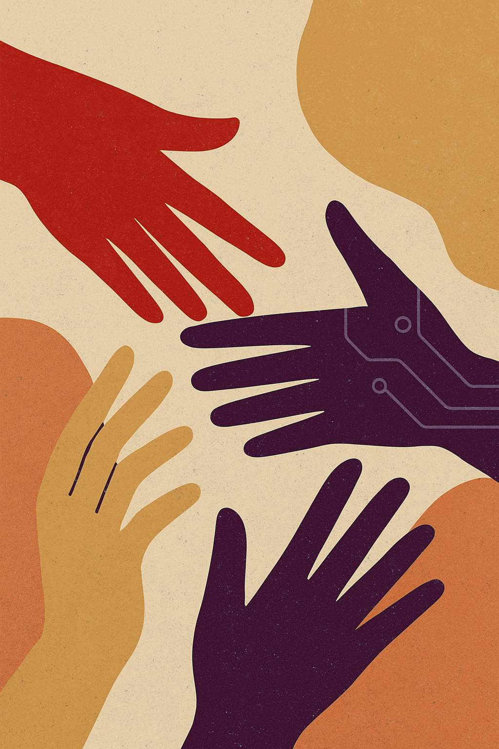 Abstract illustration of multiple stylized hands reaching toward each other in different colors, including red, dark purple, beige, and light orange.