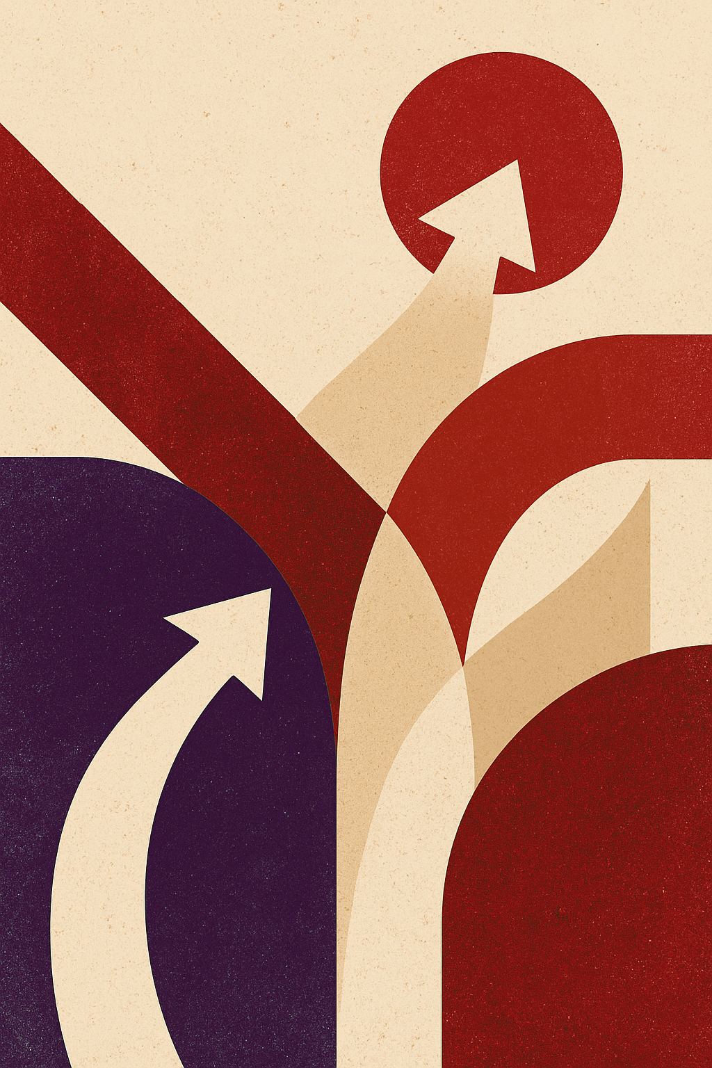 Abstract art with curved shapes and arrows in red, beige, and dark blue colors.