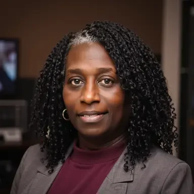 Close-up of a woman with dark curly hair wearing a blazer and a maroon top, indoors.