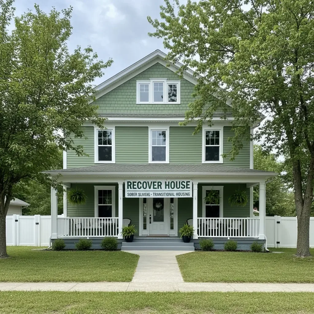 A large, green, three-story house with a front porch, flanked by trees. The house has a white fence and a sign that reads 'Recover House - Sober Living - Transitional Housing'.