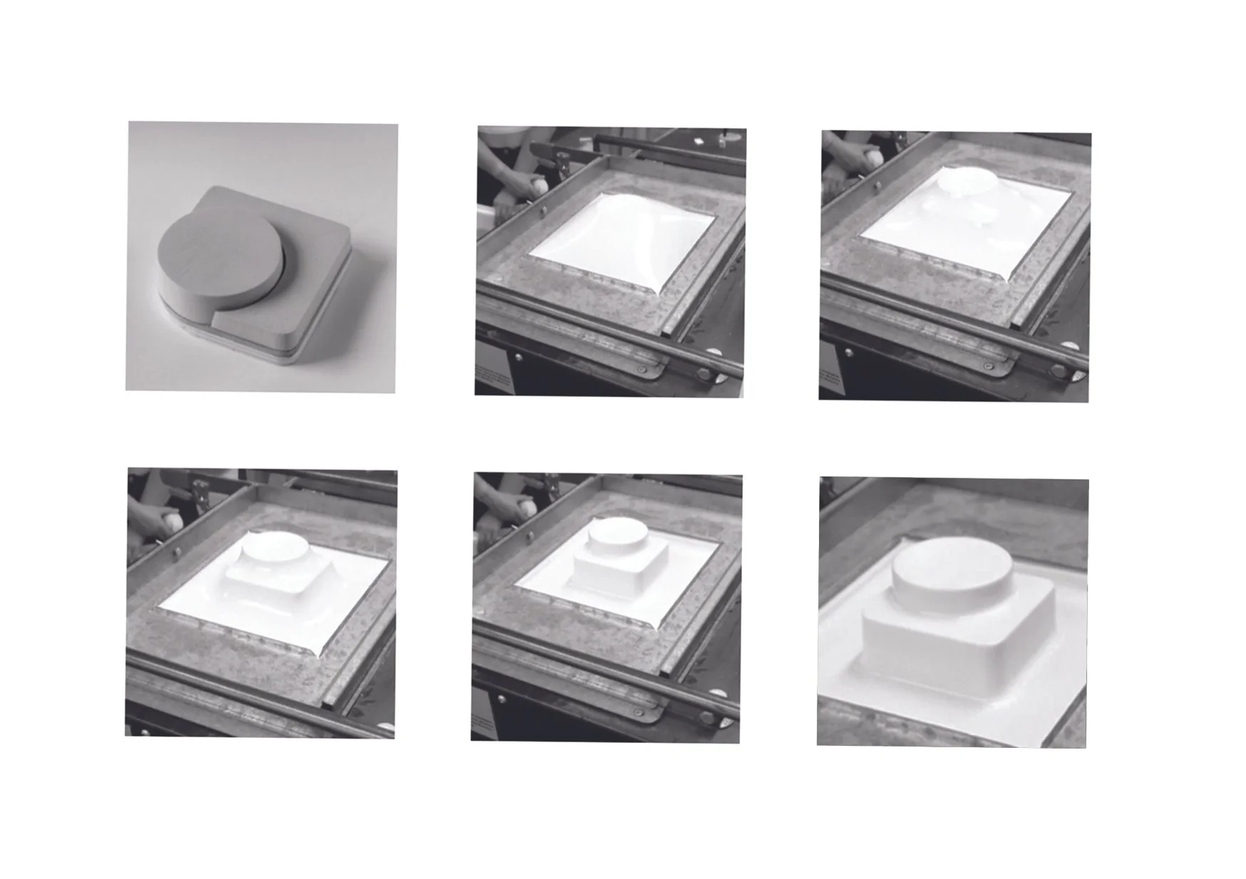 Processo di termoformatura di una lastra, mostrando le fasi di creazione di un modello tridimensionale
