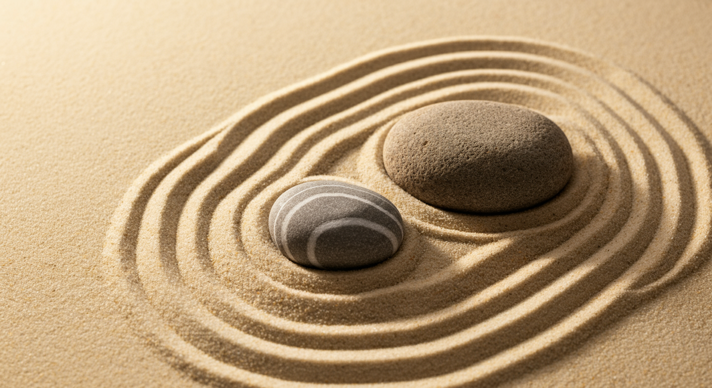 Two stones on sand with concentric circle patterns around them.