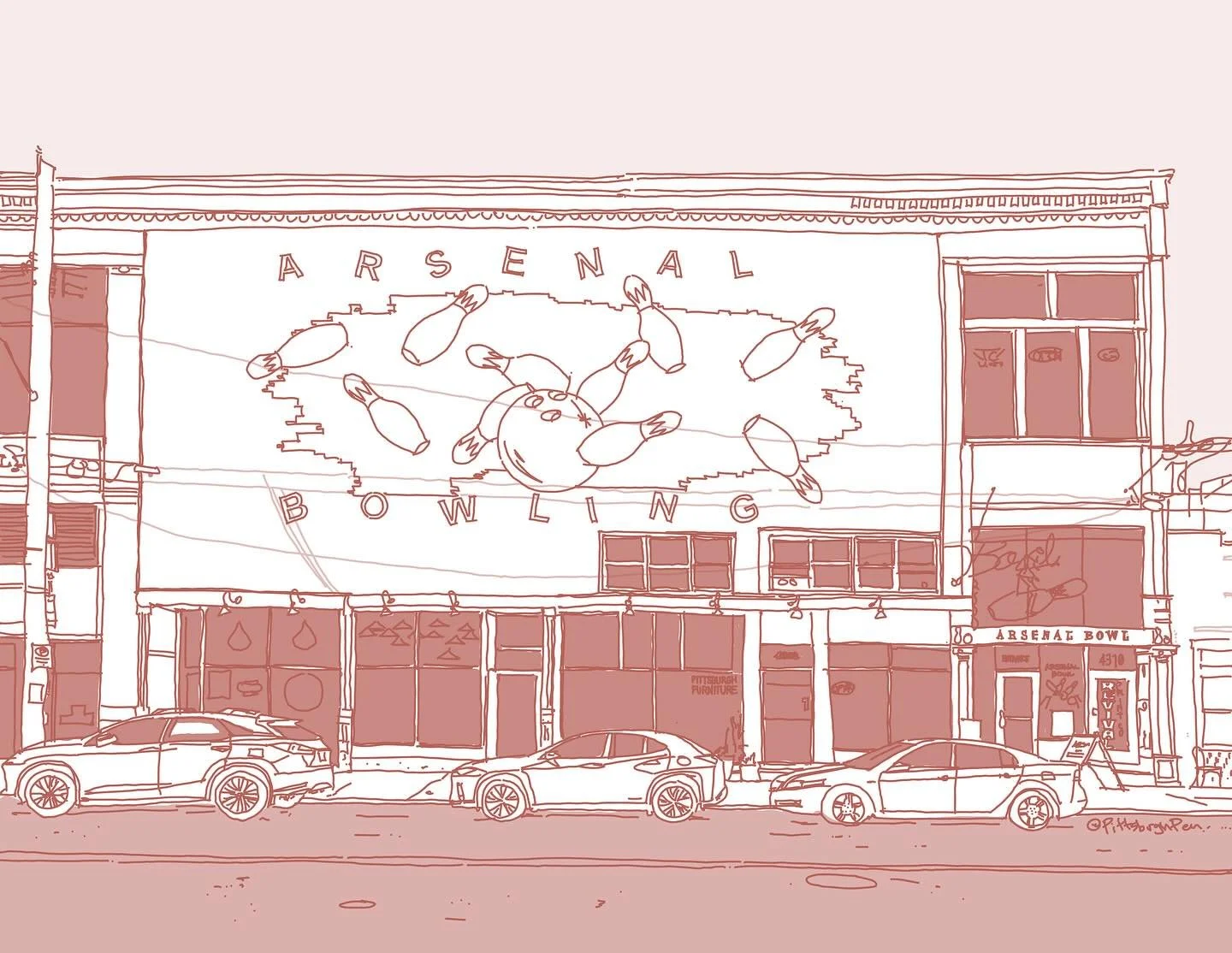 Butler Street
Arsenal Bowl 
@pittsburghfurnitureco 
@rosewaterpgh 

#pittsburgh #412 #pgh #sketching #sketch #lawrenceville #pittsburghart #pittsburghartist #handsketch #illustration #urbansketching #urbansketch #streetscape