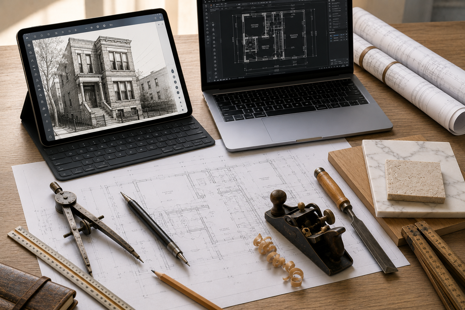 Architectural workspace with blueprints, a laptop showing a building plan, a tablet displaying an architectural drawing of a house, and various drafting tools on a wooden desk.