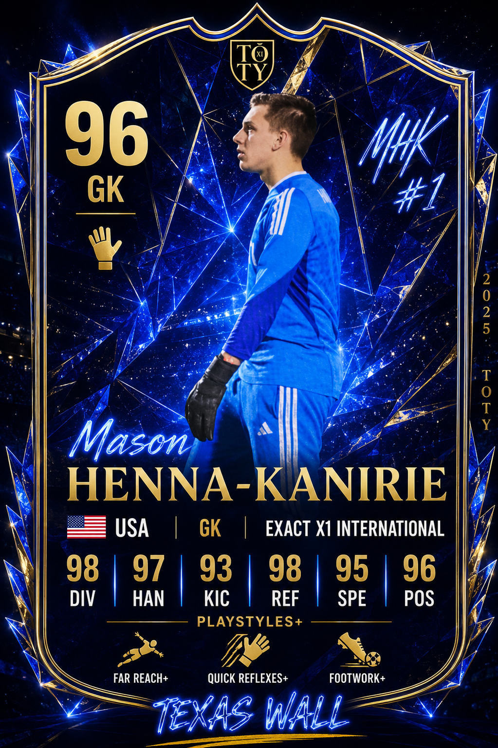 Digital trading card of Mason Henna-Kanire, a soccer goalkeeper, featuring his stats and image in a blue kit, with a cosmic blue background and gold accents.